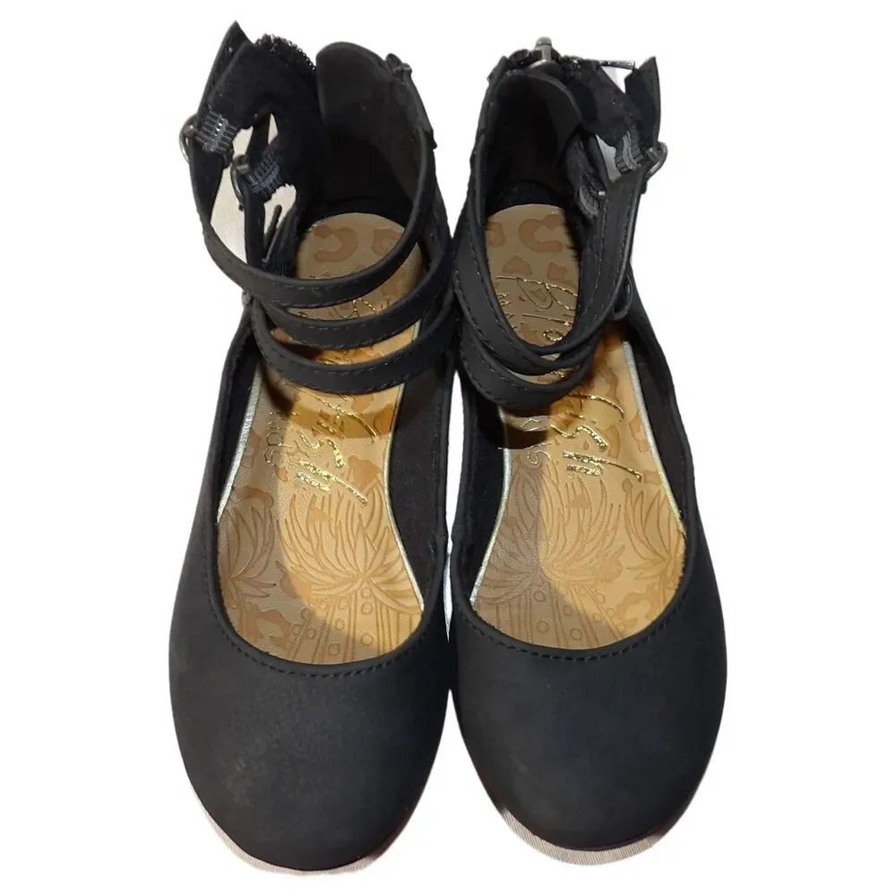Girls Blowfish Malibu black zip up back triple buckle‎ ankle flat shoe sz 11